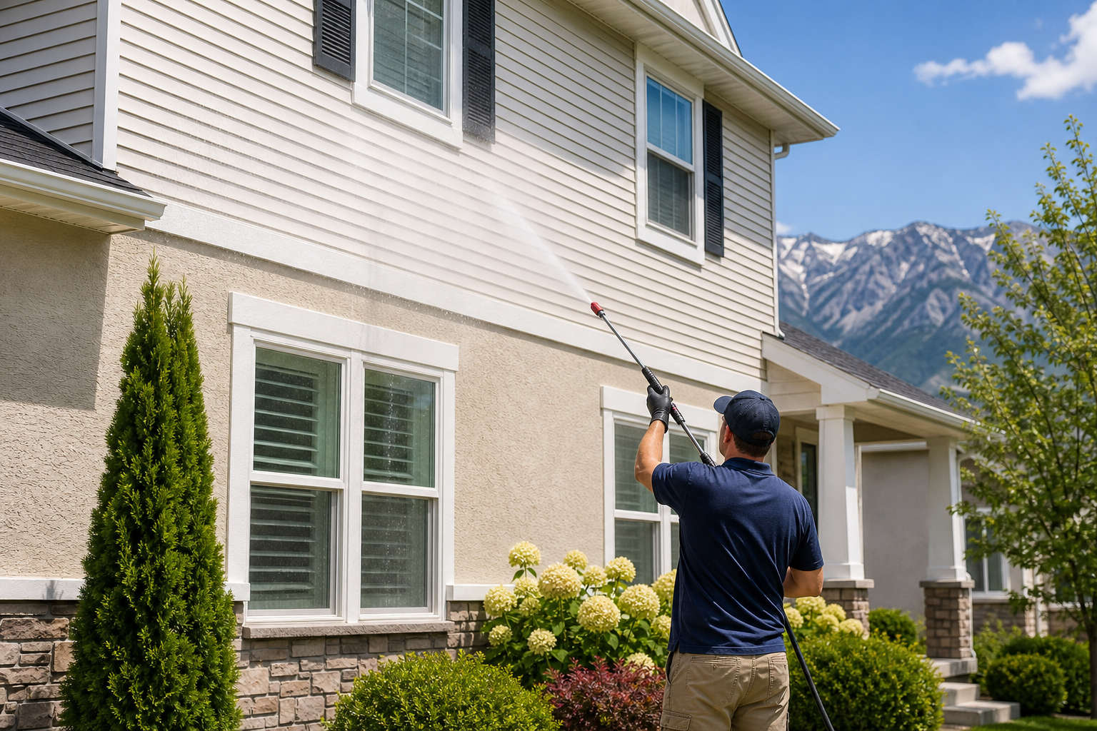Salt Lake City home exterior being softly washed to clean siding and improve curb appeal