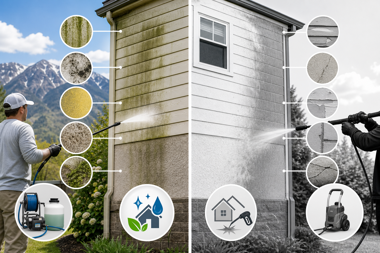 Diagram showing soft washing for Sandy, UT homes and businesses using low pressure to clean siding, stucco, and painted surfaces.