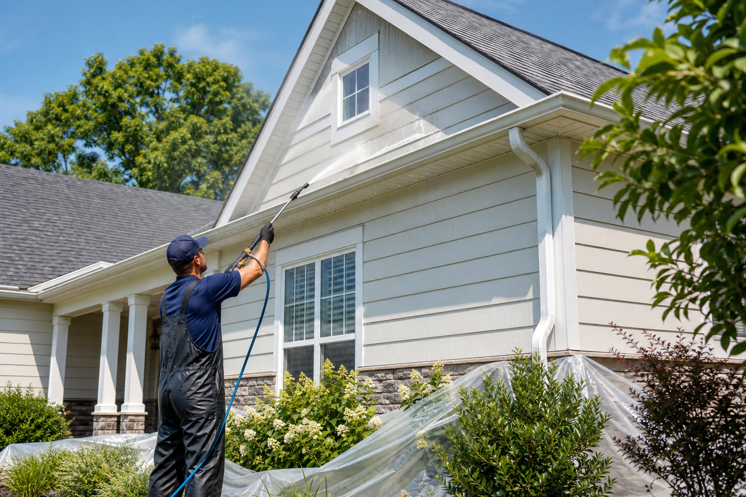 Residential soft washing service cleaning house siding, trim, and roofline with gentle low-pressure equipment.