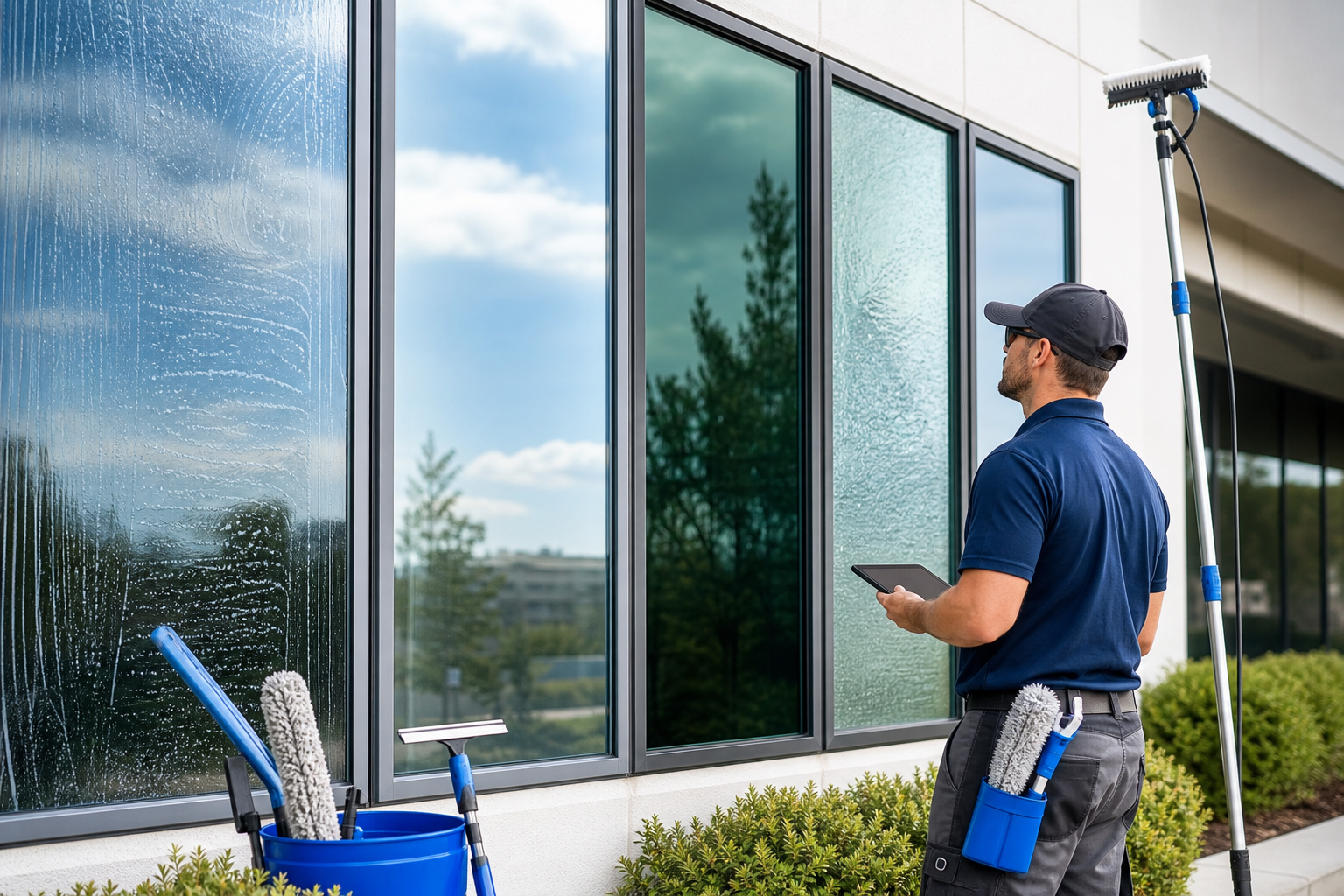 Window cleaner comparing different glass types and choosing the safest cleaning method for each pane.