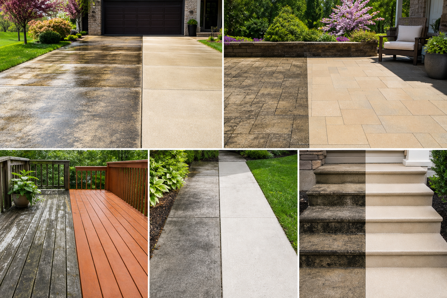Spring surface cleaning on driveway, patio, deck, sidewalk, and concrete removing salt residue, pollen, dirt, and grime.