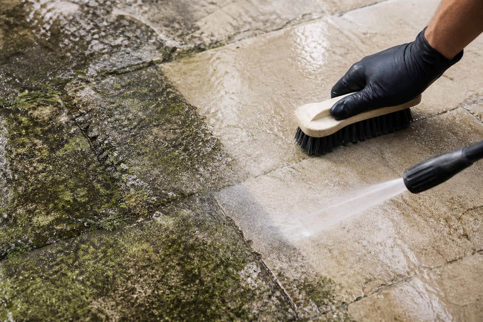 Close-up of stone stain removal and gentle cleaning of grime, algae, and moss from an exterior surface.