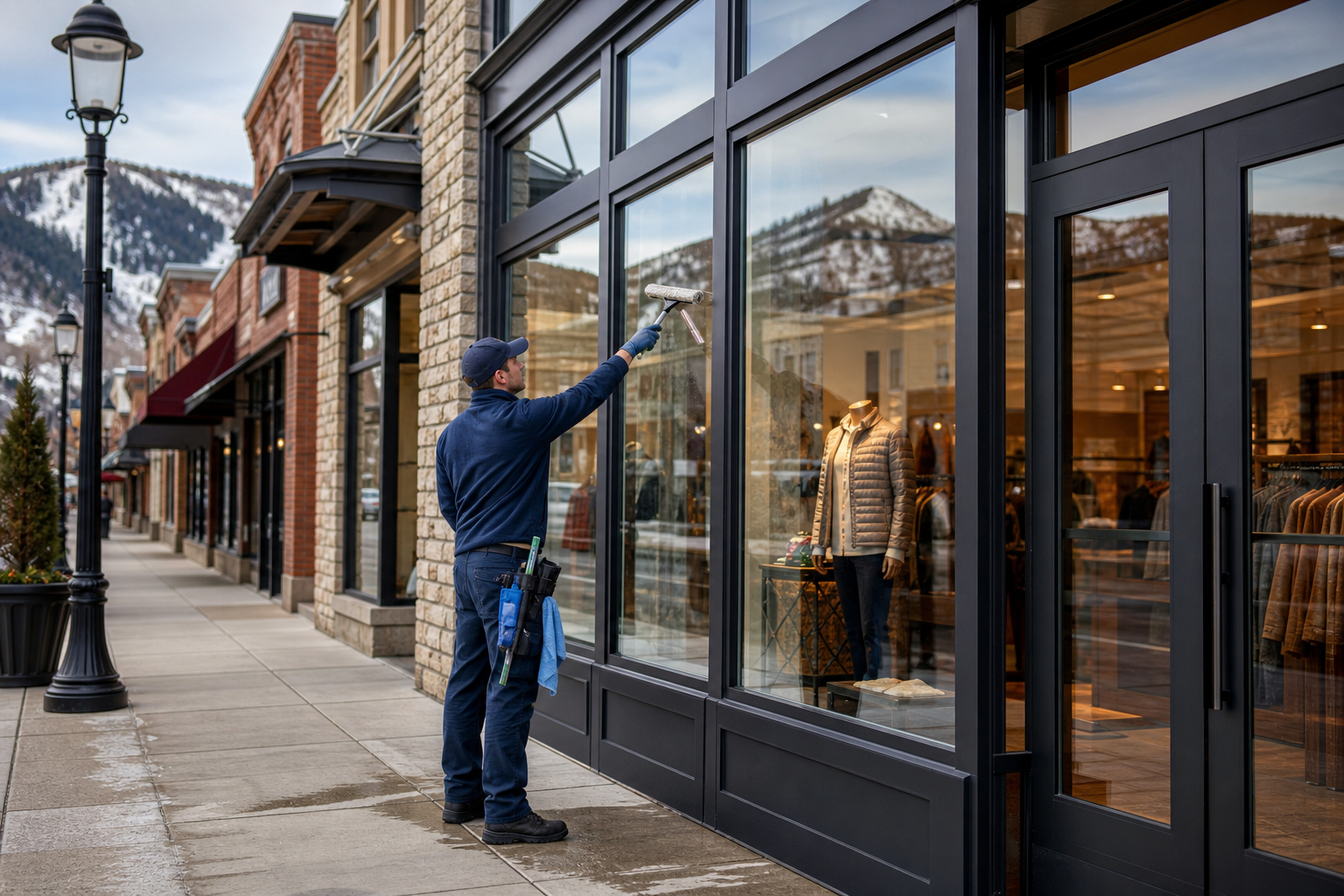 Technician cleaning a Park City storefront window to improve commercial curb appeal.