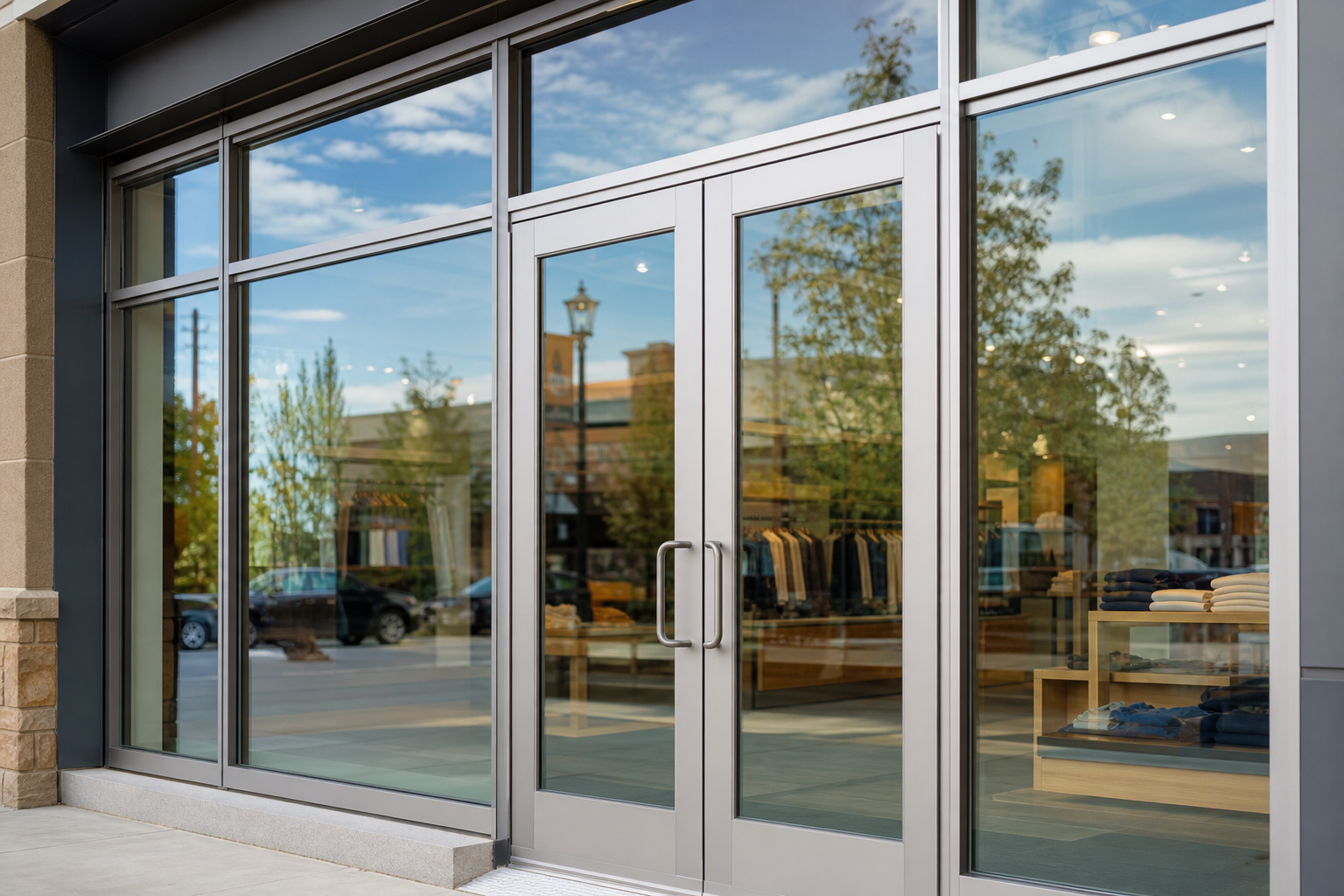 Cleaned storefront doors, sidelites, transoms, and frames during commercial window cleaning.