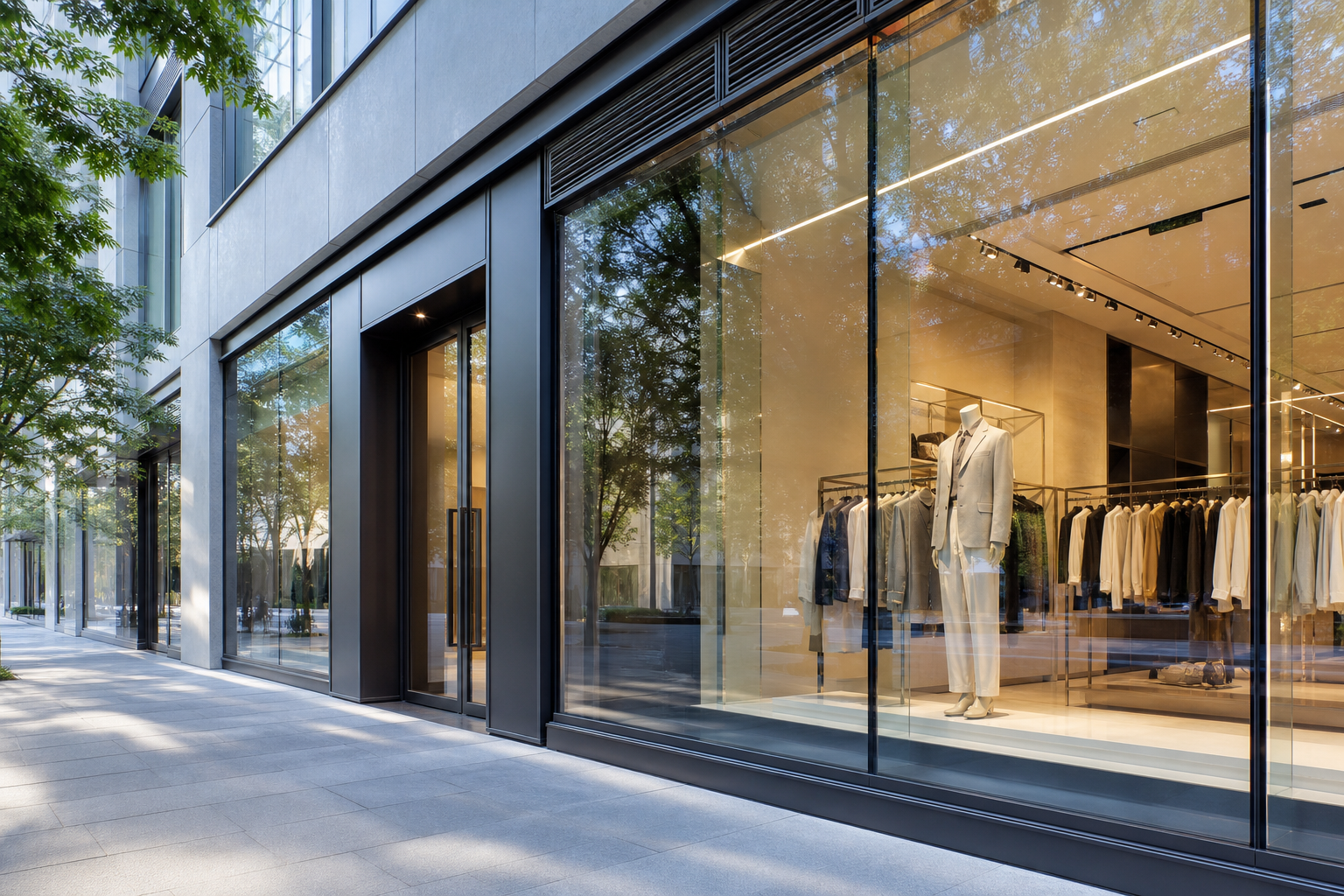 Clean retail storefront with polished glass showing professional storefront window cleaning.