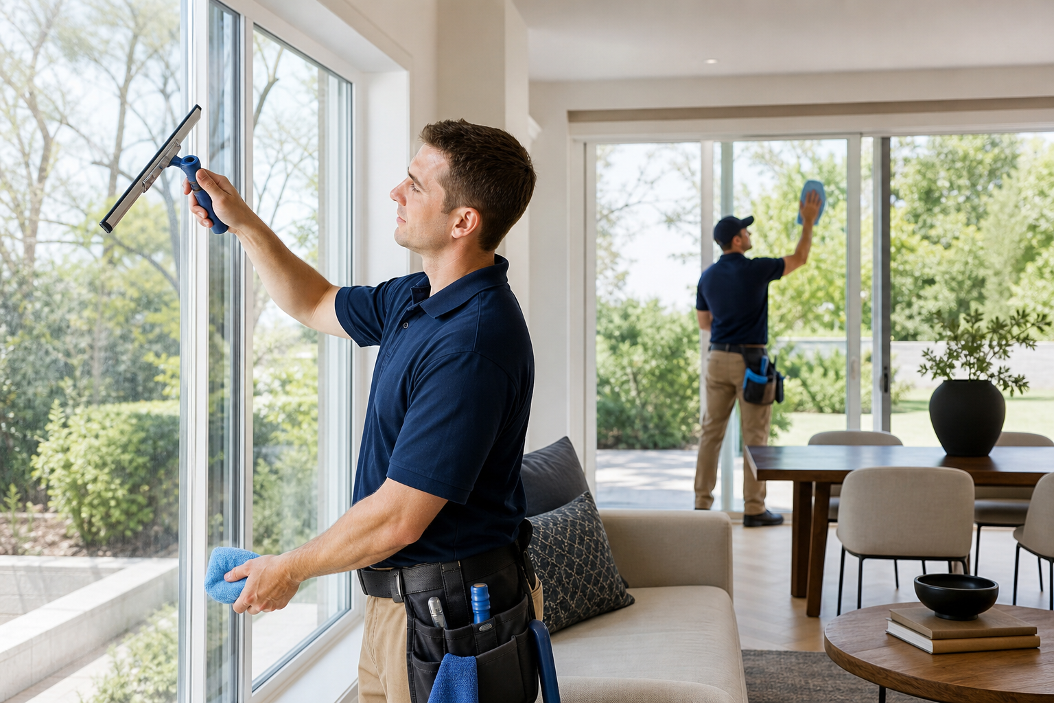 Residential window washing service for interior and exterior windows in a modern home