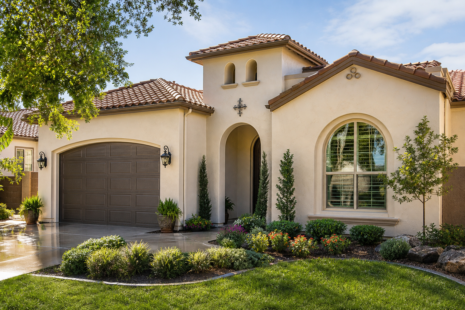 Clean residential stucco home after professional washing to improve curb appeal.