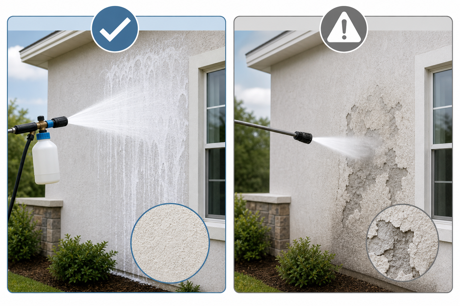 Diagram comparing soft washing and pressure washing for stucco exteriors.