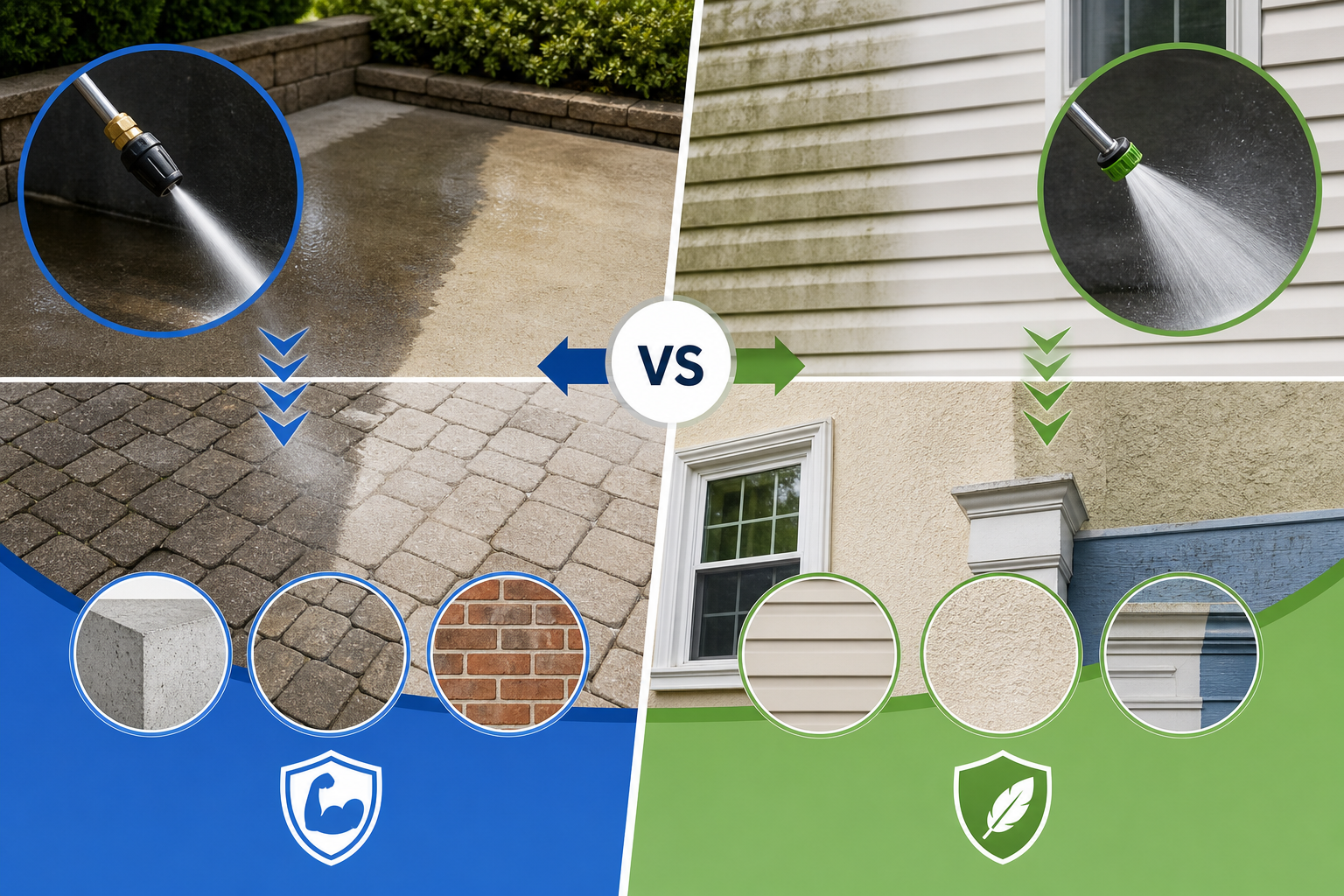 Diagram comparing pressure washing and soft washing for durable and delicate exterior surfaces