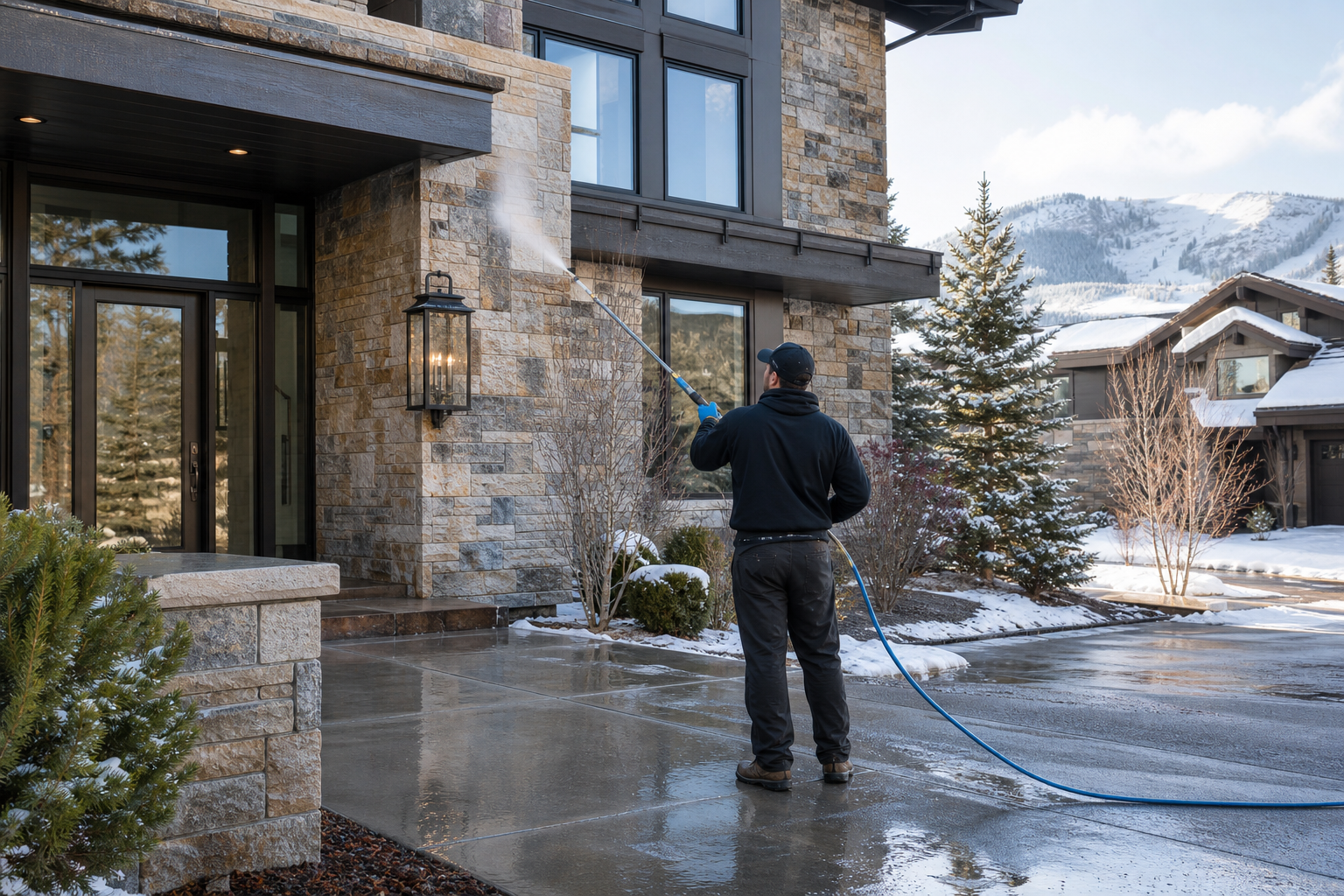 Technician cleaning the exterior of a Park City home with stone and glass finishes
