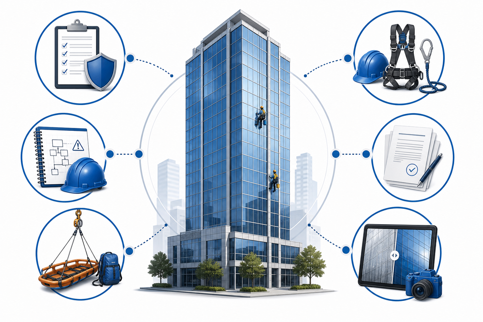 Safety and compliance diagram for insured commercial high-rise window cleaning with COI, rescue planning, permits, and documentation.