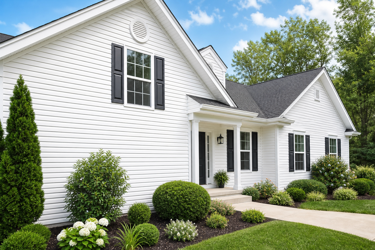 Freshly cleaned vinyl siding improving curb appeal on a well-maintained home exterior.
