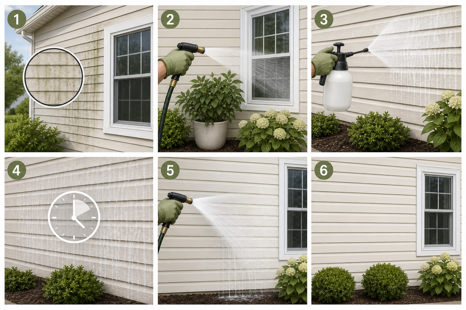 Diagram showing the safe step-by-step vinyl siding cleaning process using a soft wash method.