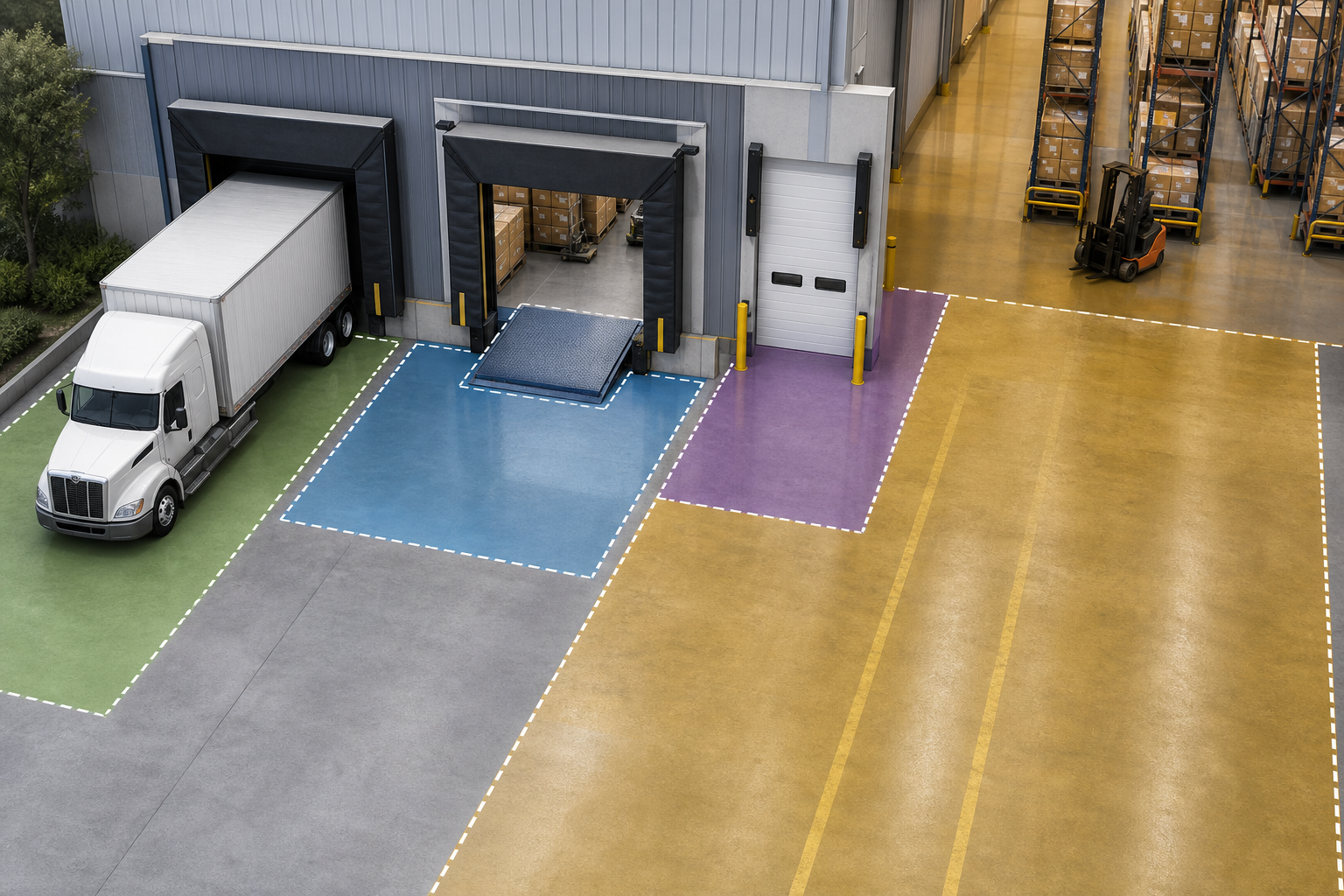 Diagram of zone-specific warehouse cleaning for loading docks, dock doors, loading bays, and high-traffic concrete areas.
