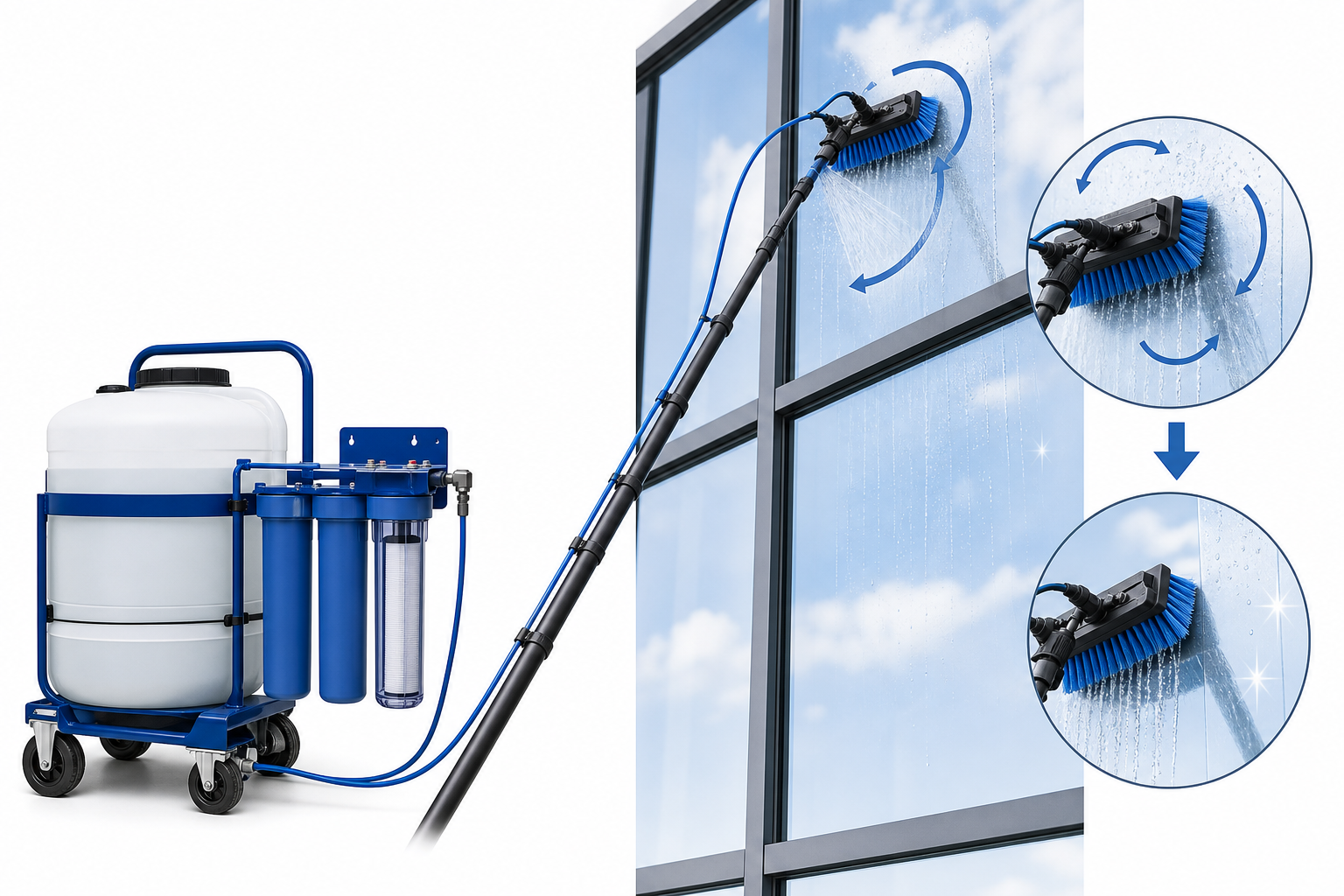 Diagram showing how pure water window cleaning works with filtration, telescopic pole, brush agitation, and rinse-only finishing.