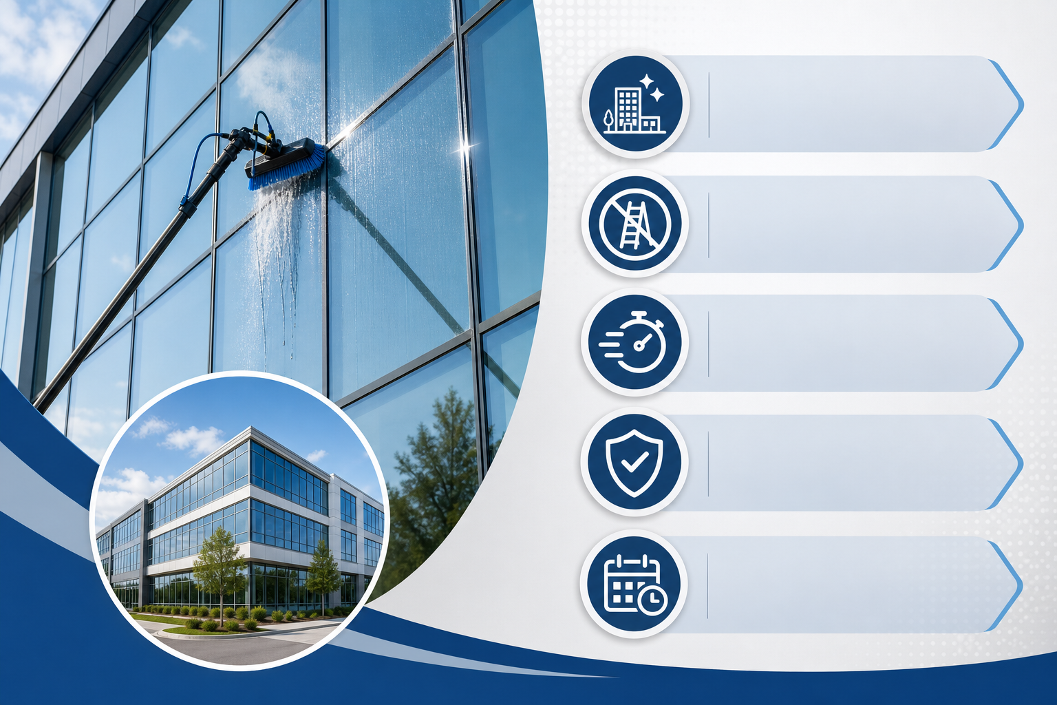Infographic highlighting the benefits of spot-free, streak-free commercial window cleaning, including curb appeal, safety, speed, and maintenance.