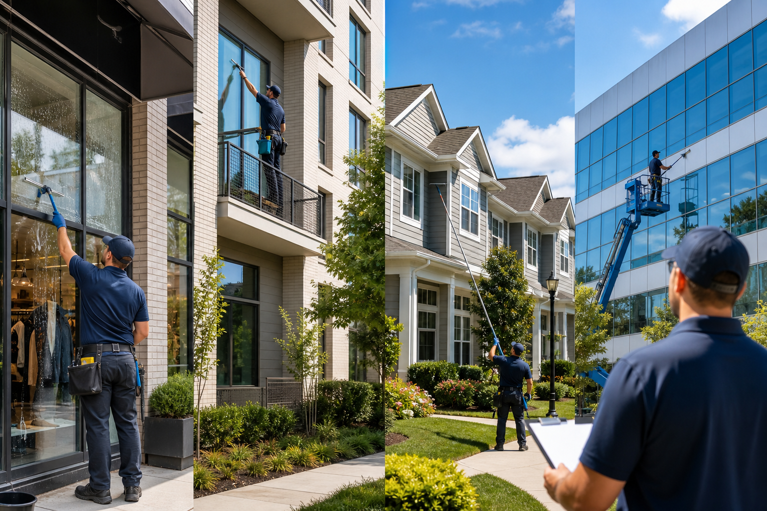 Commercial window cleaning hero image showing storefronts, apartments, HOAs, and facilities with clean glass and professional crews.