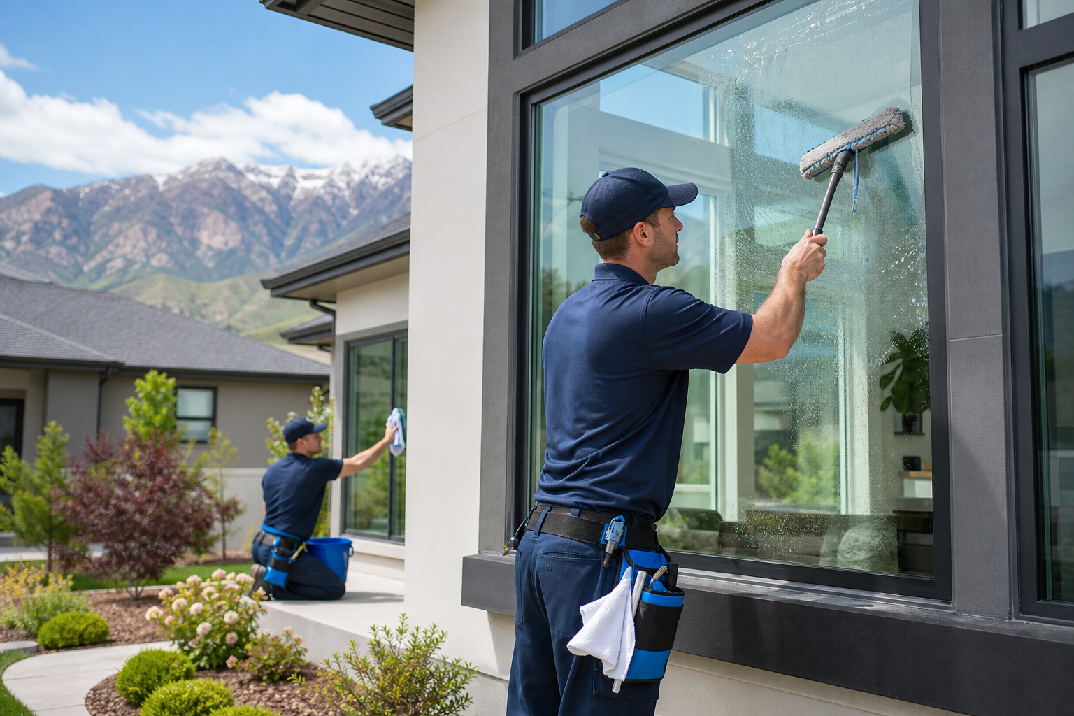 Residential window cleaner servicing a home and condo windows in Salt Lake City.