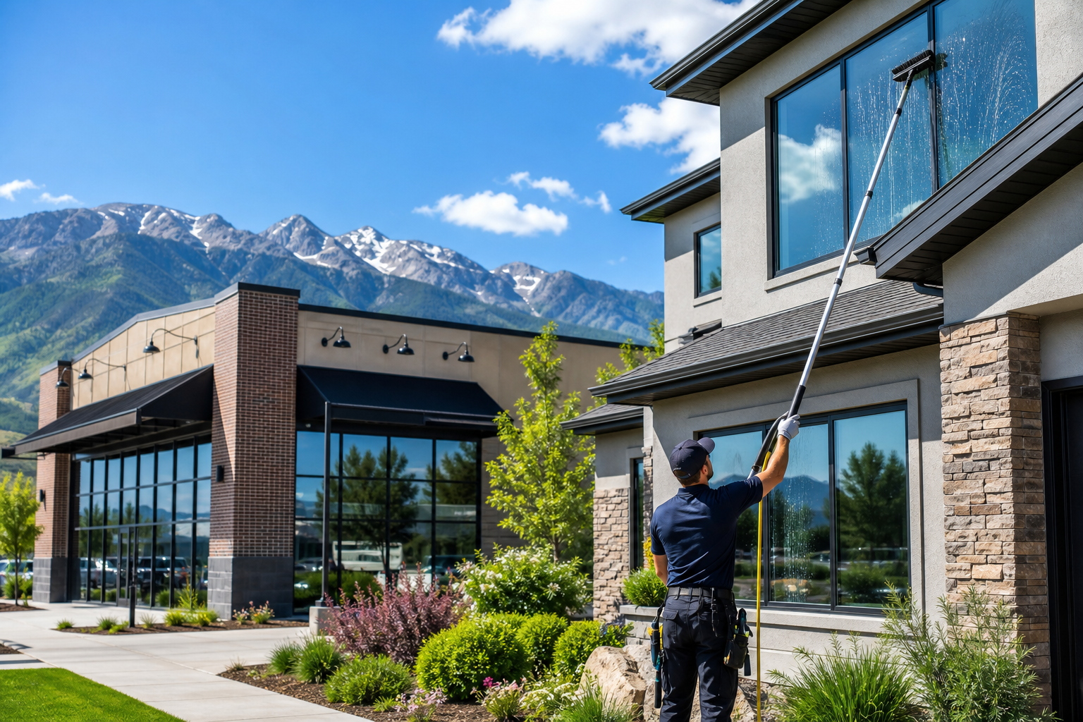 Professional window cleaning in Draper, UT for homes and businesses with sparkling glass and a technician using a water-fed pole.