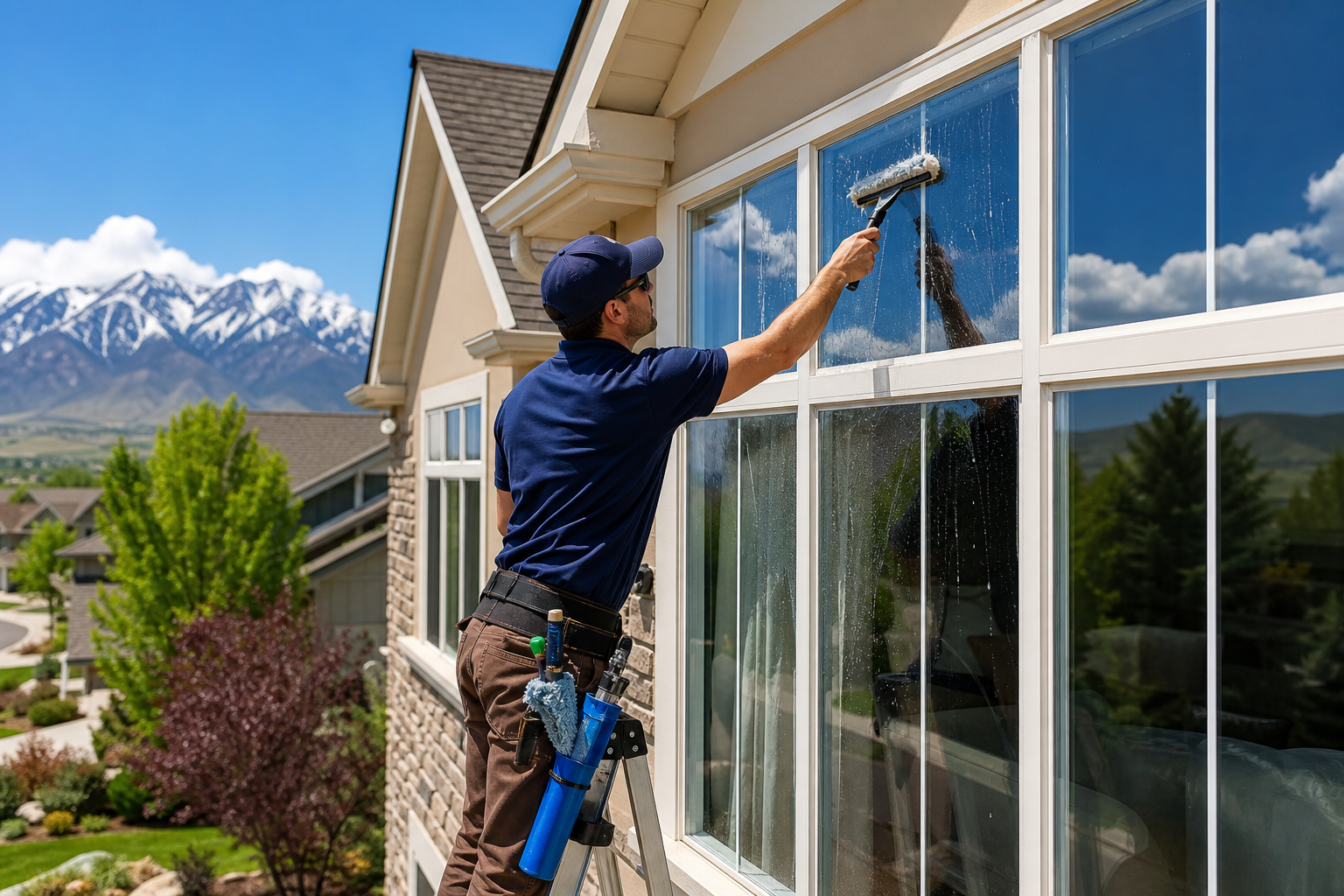 Professional residential window cleaning in Holladay, UT with clean second-story home windows.