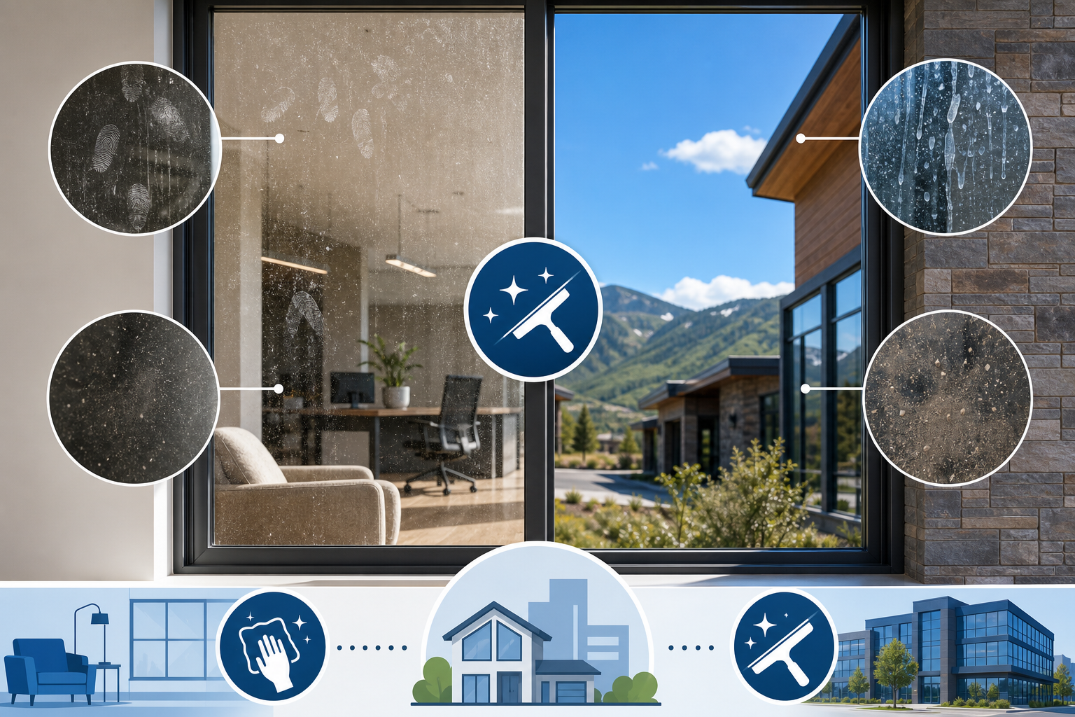 Infographic showing interior and exterior window cleaning for complete property care in Kimball Junction UT.