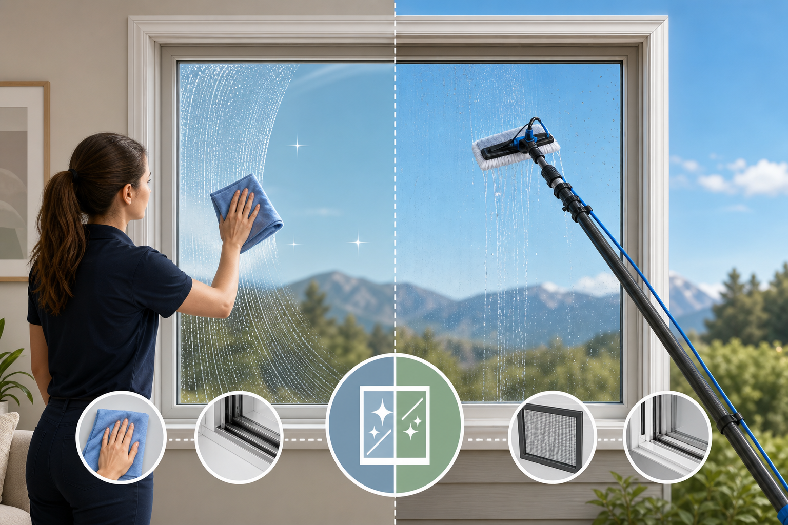 Diagram of interior and exterior window washing methods for streak-free glass cleaning.