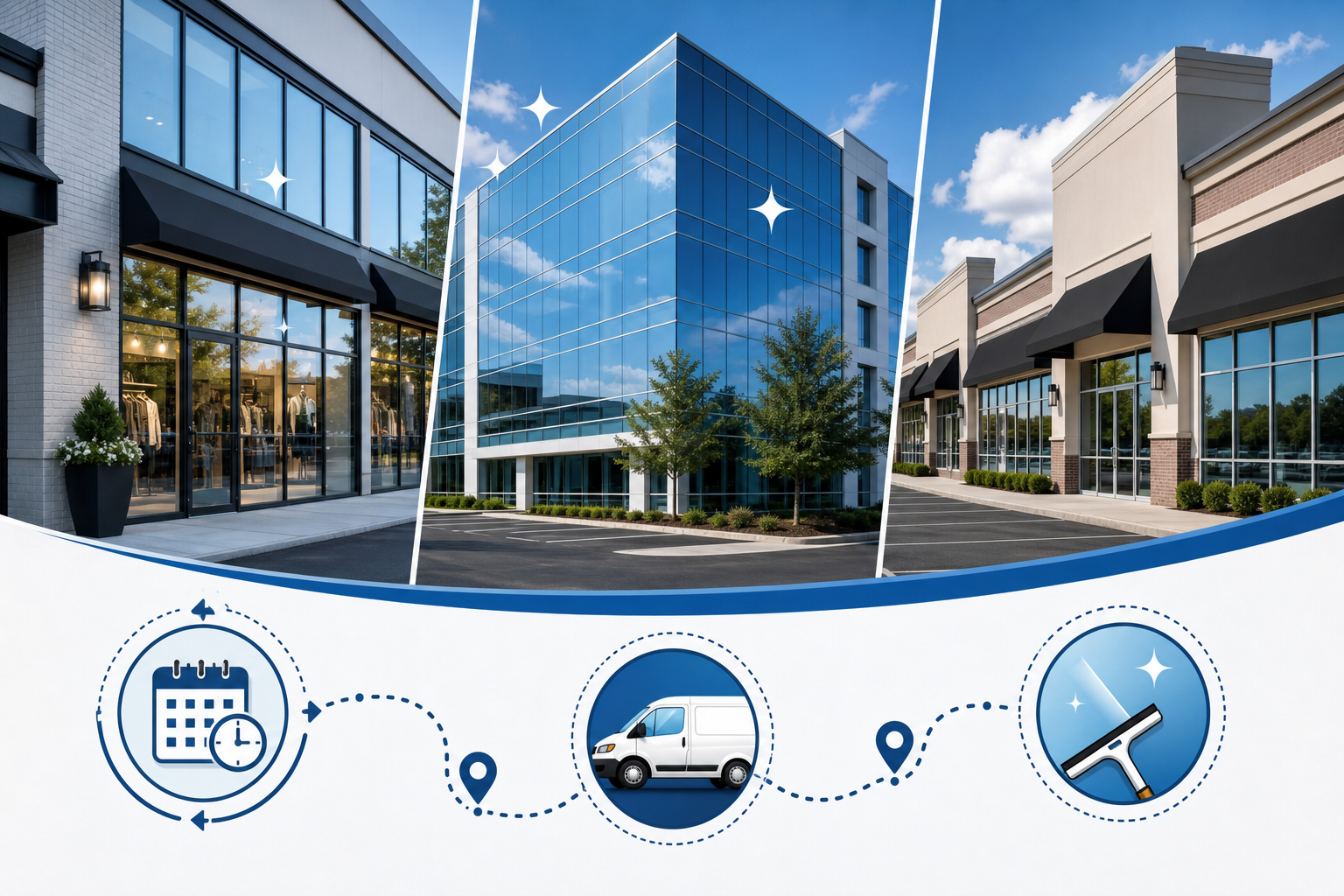 Infographic showing commercial window cleaning for storefronts, offices, and multi-location properties in Murray, Utah.