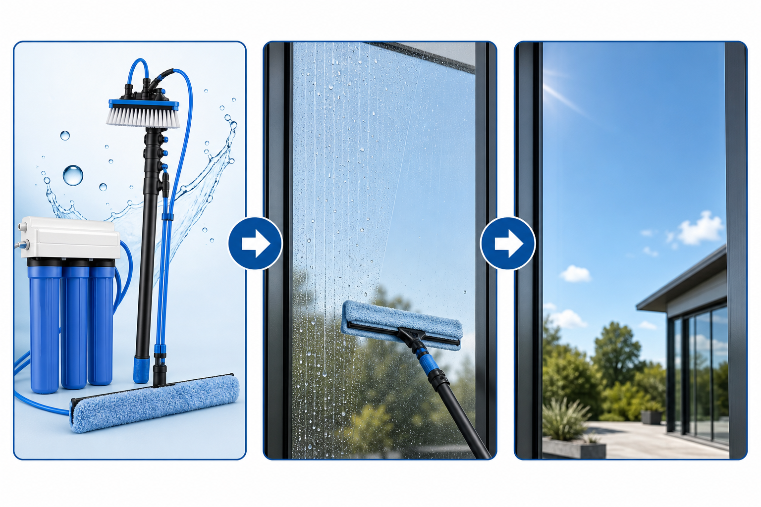 Diagram of streak-free window cleaning methods and spotless glass results.