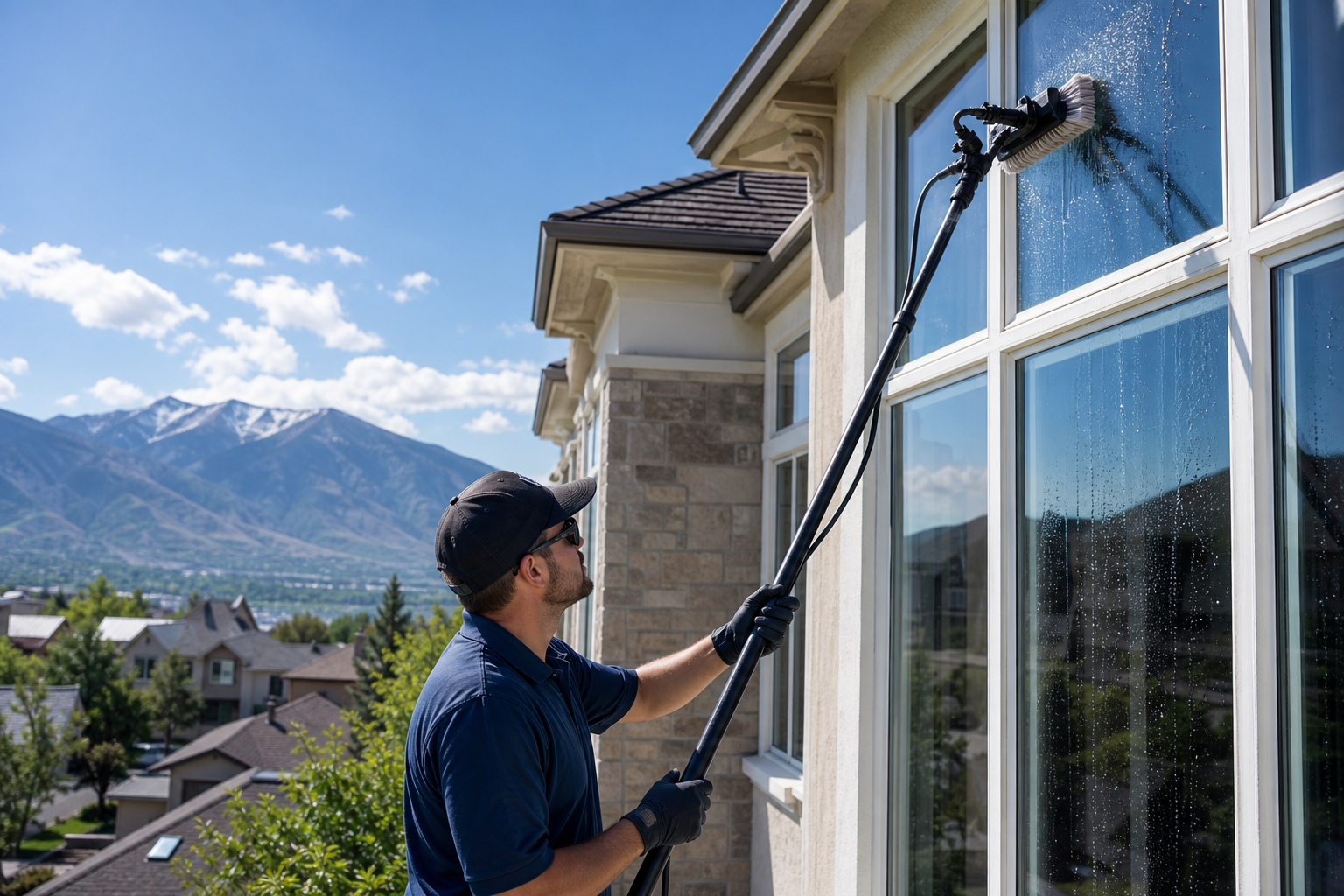Professional window cleaning in Provo with a technician cleaning a two-story home exterior.