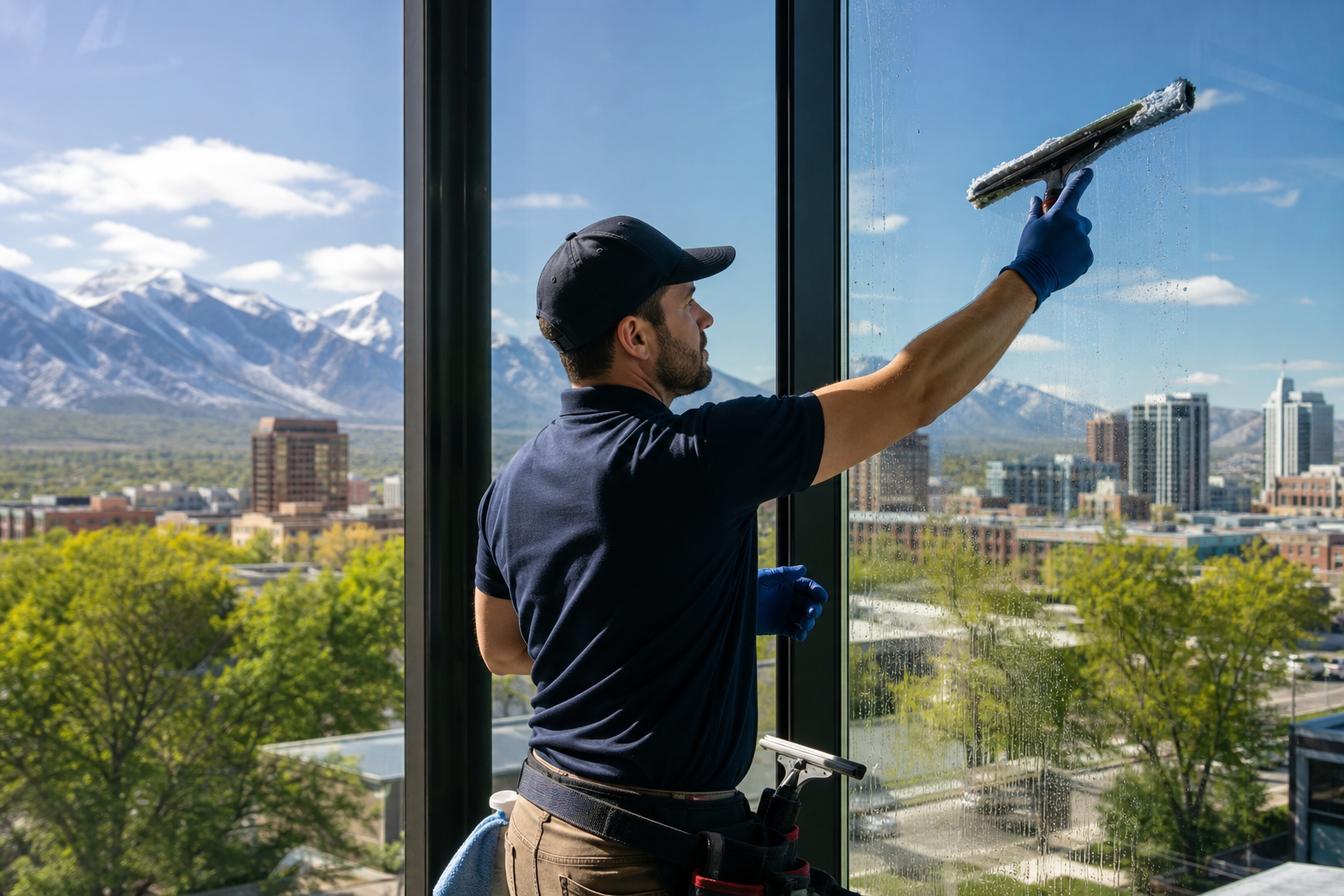 Professional window cleaner servicing a Salt Lake City home or storefront with streak-free results.