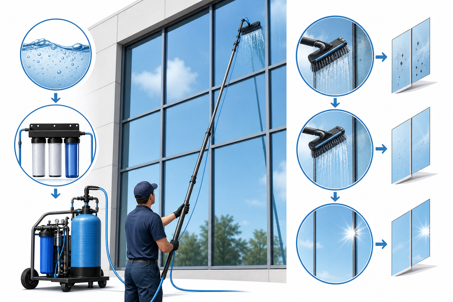 Diagram of pure water window cleaning using deionized water and a water-fed pole for streak-free exterior glass.
