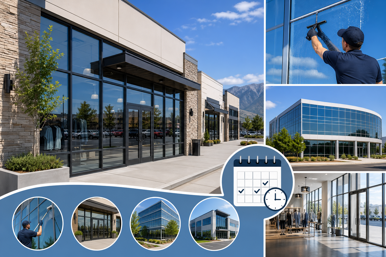 Infographic-style illustration of storefront, retail, and office window cleaning services in South Salt Lake.