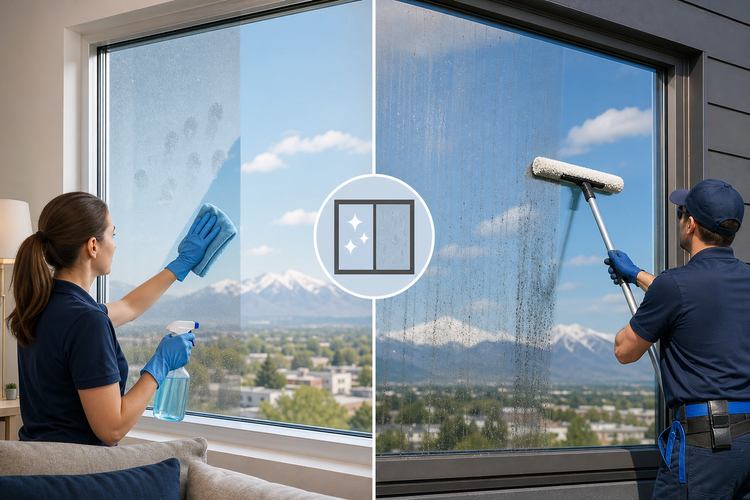 Side-by-side diagram comparing interior and exterior window cleaning for a South Salt Lake property.
