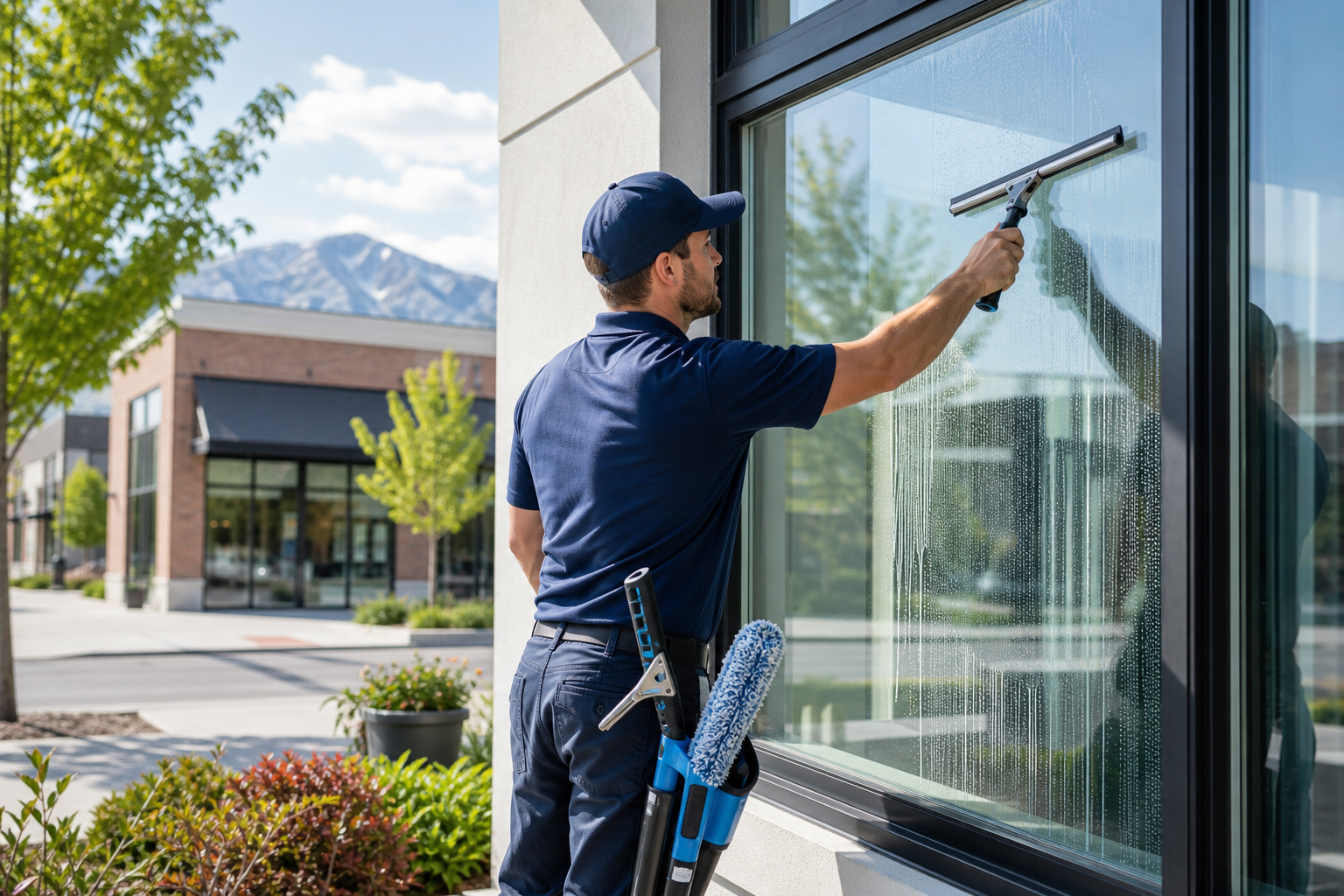 Professional window cleaner servicing a modern South Salt Lake home with bright streak-free windows.