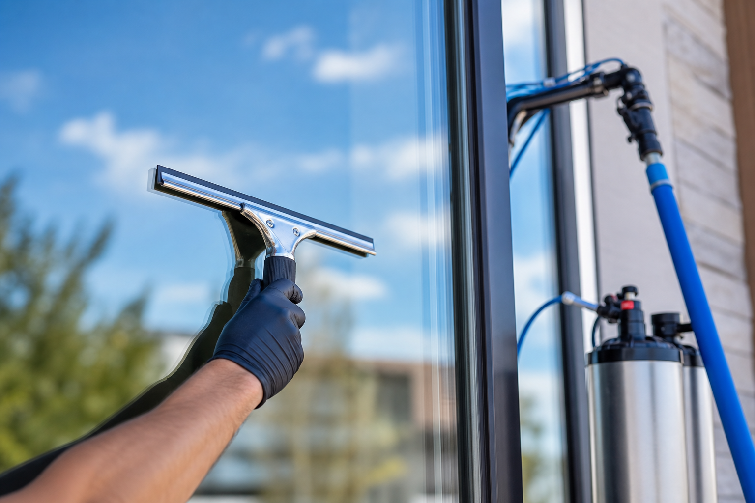 Close-up of streak-free, spotless window glass with professional cleaning tools nearby.