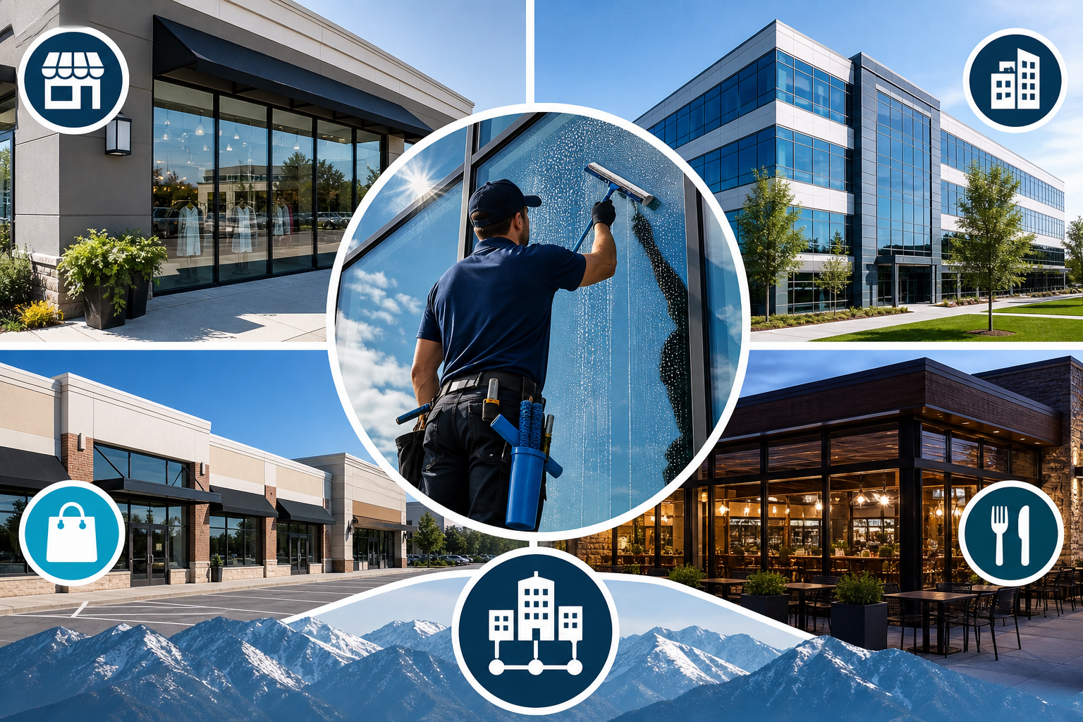 Commercial window cleaning options for storefronts, offices, retail centers, restaurants, and multi-location properties in Utah County.