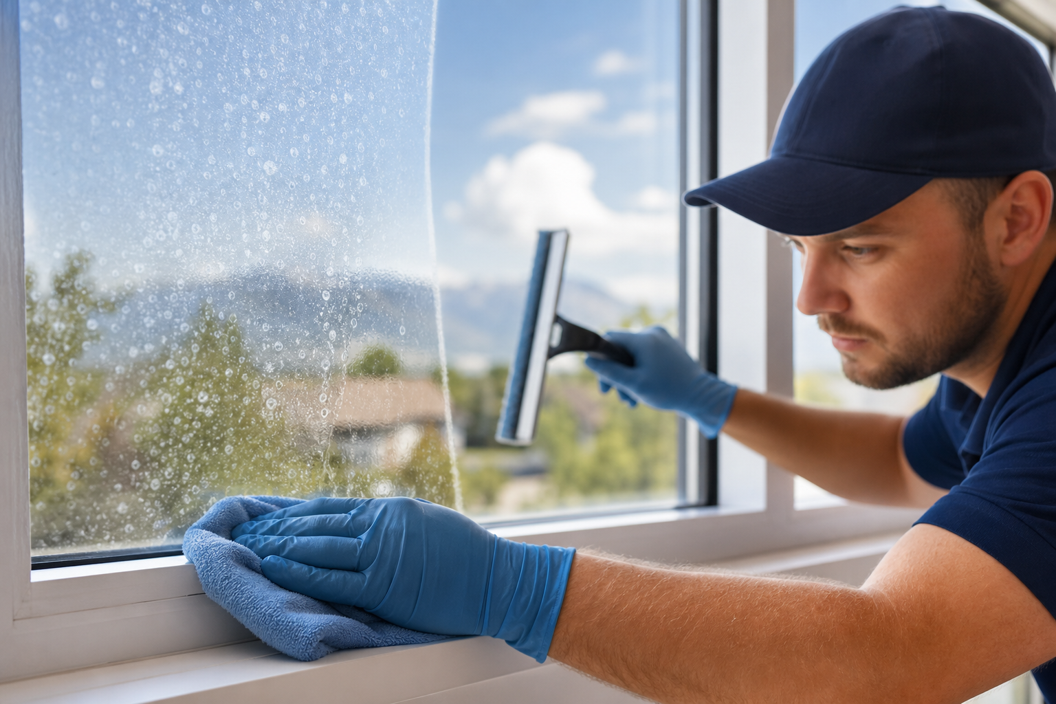 Interior and exterior window cleaning with hard water stain removal for clear glass.