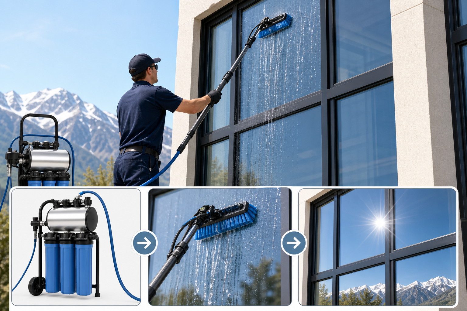 Diagram of a pure-water window cleaning system used for spot-free exterior glass.