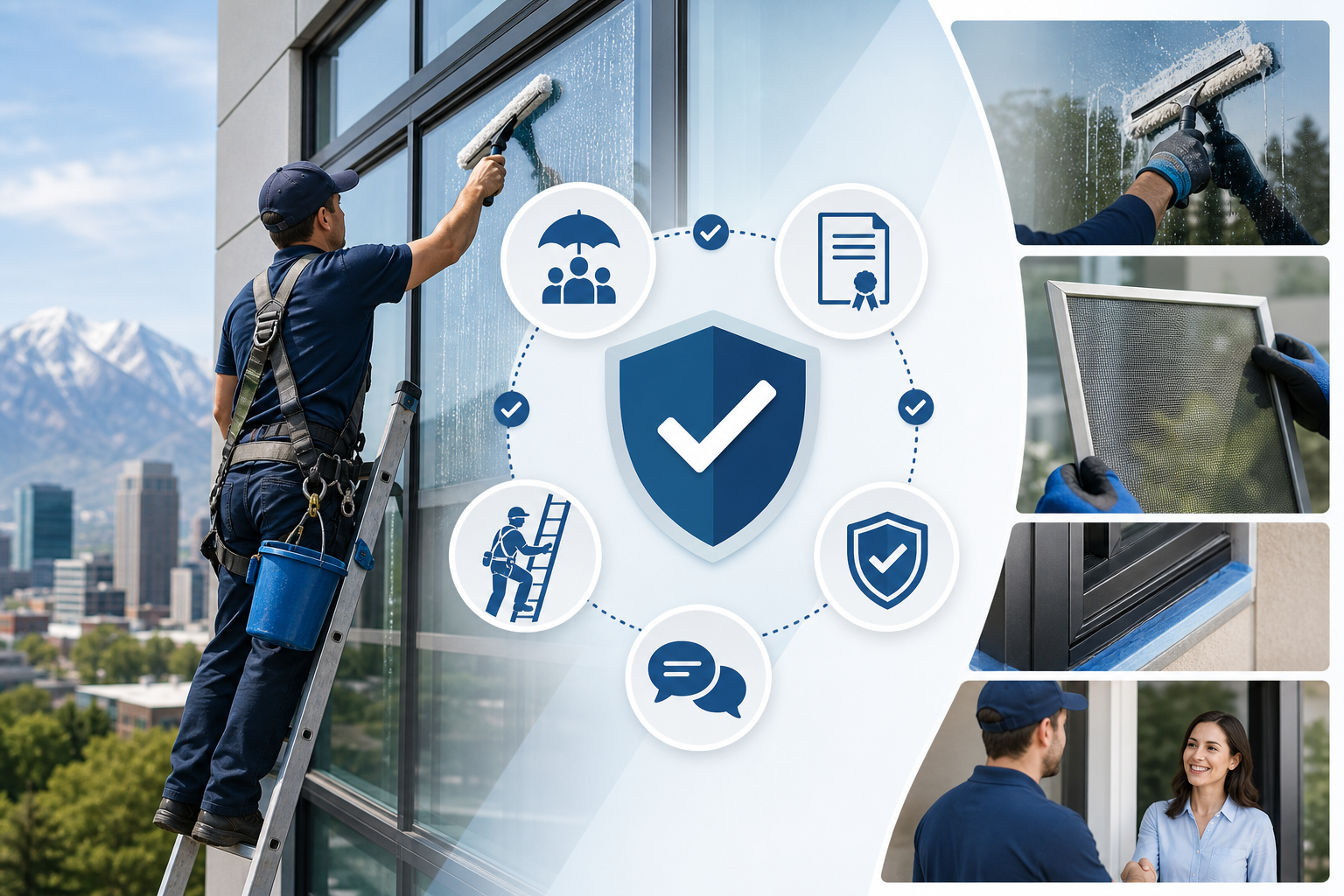 Infographic about insured and trusted Salt Lake City window washing contractors with safety and professionalism themes.