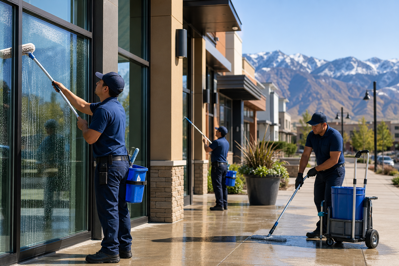 Commercial window cleaning crew servicing a storefront as part of a recurring maintenance plan.