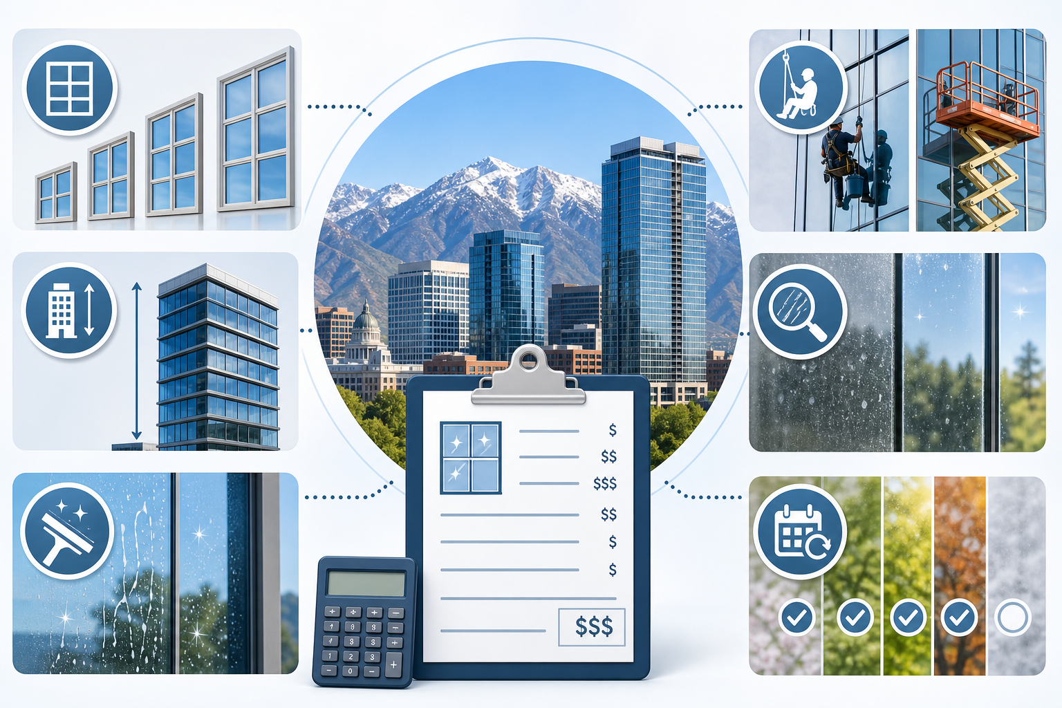 Infographic showing the main factors that affect a Salt Lake City window washing estimate.