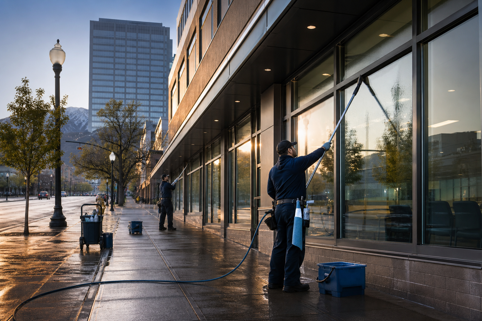 Commercial window washing in Salt Lake City for storefronts, offices, and multi-property sites.