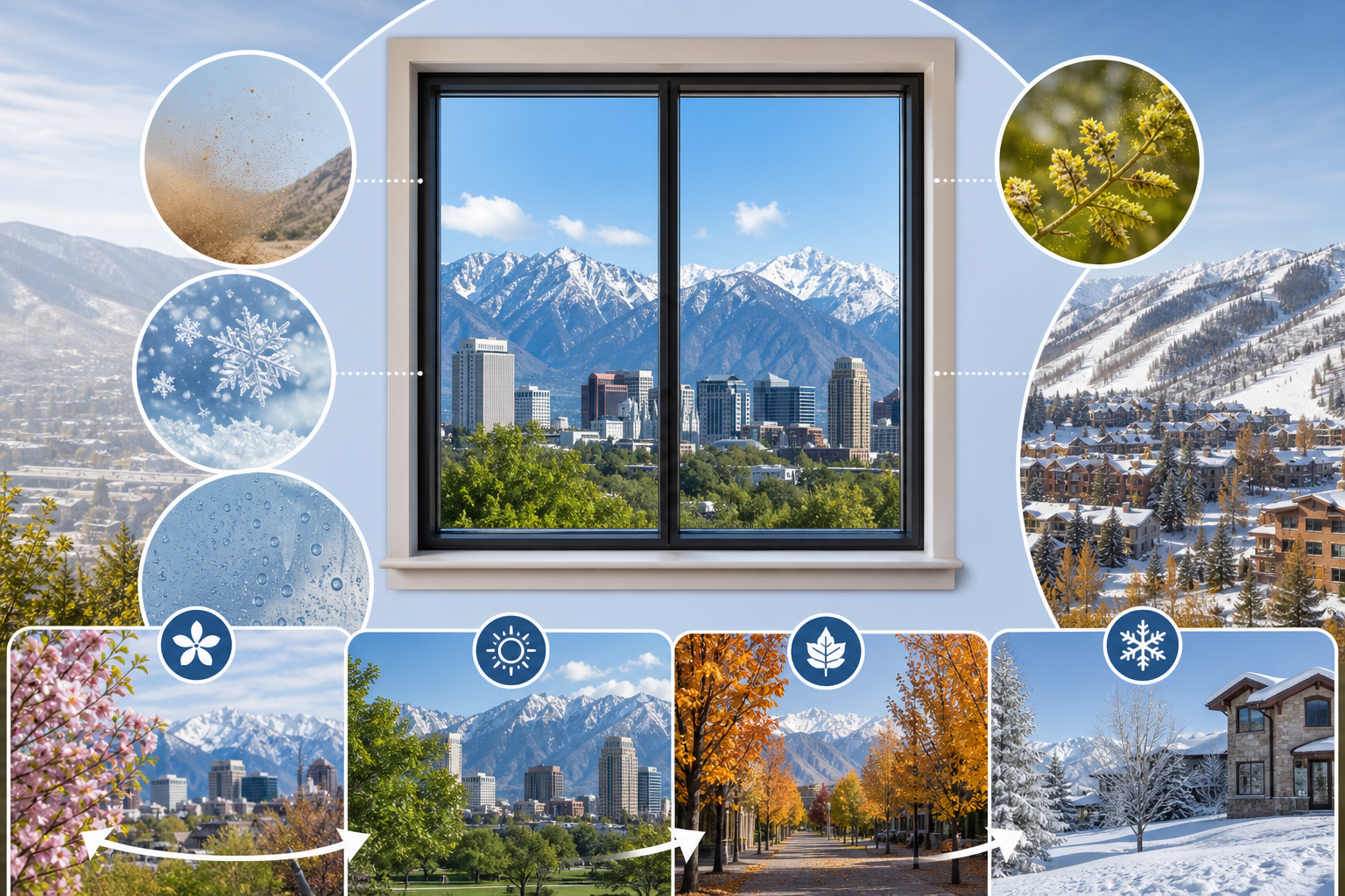 Infographic about Utah dust, snow, hard water, and seasonal window cleaning frequency.