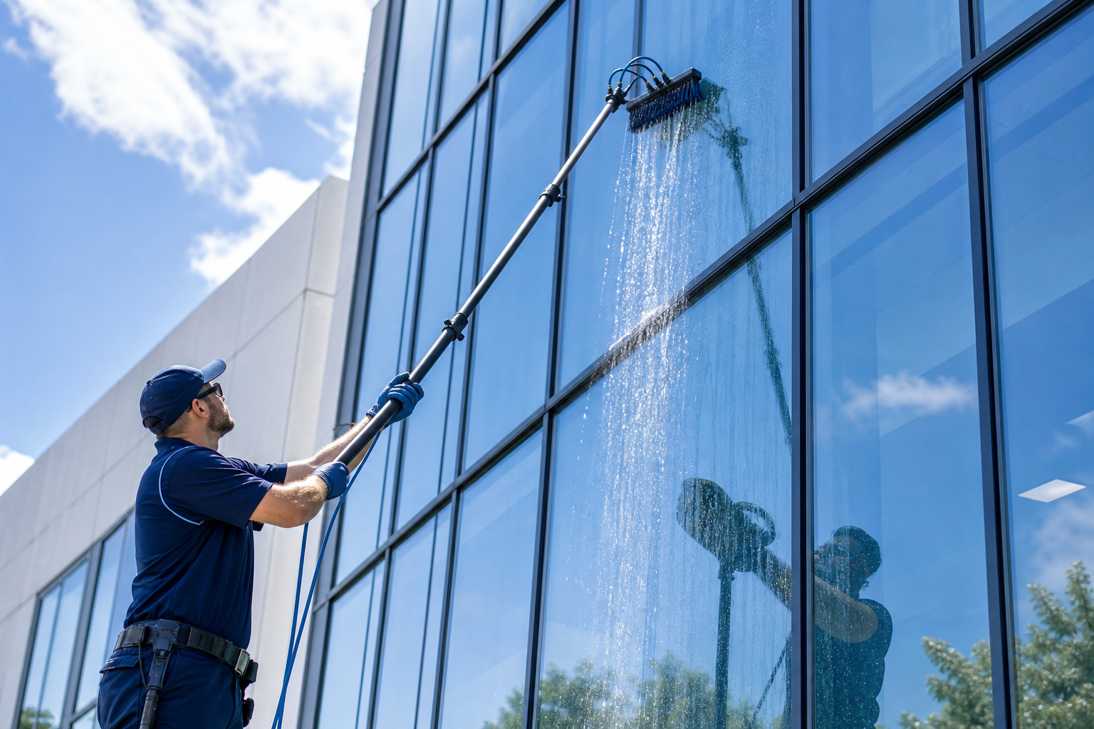 Technician using a water-fed pole for pure water window cleaning on tall exterior glass
