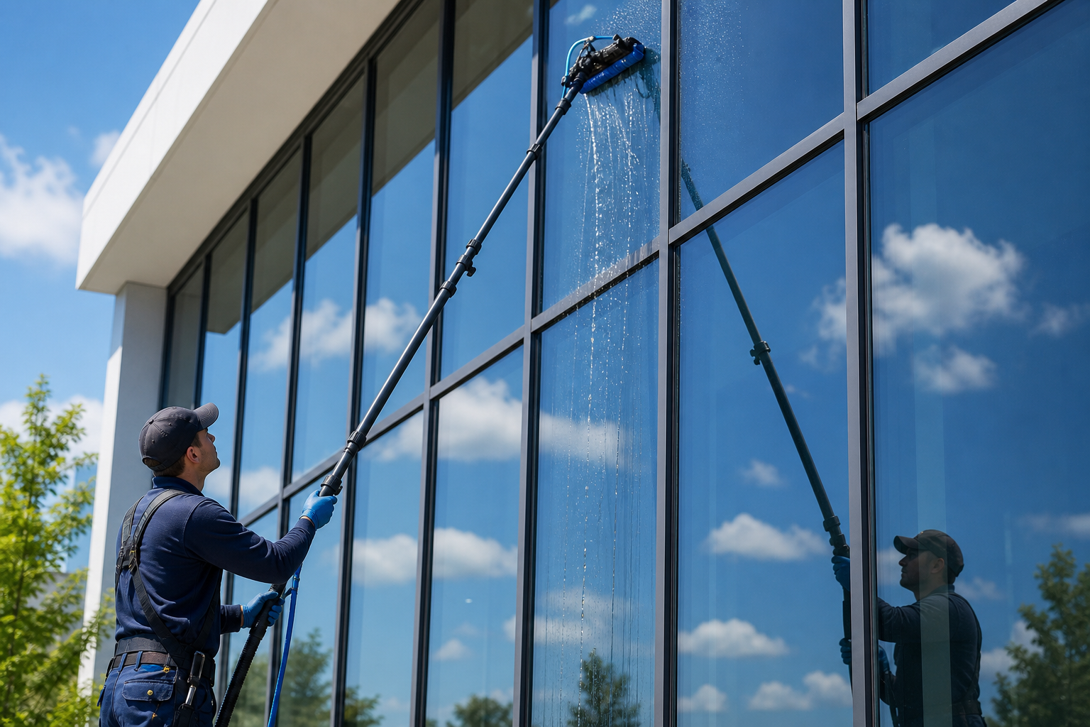 Technician using a pure water window cleaning pole on tall exterior glass for spot-free results.
