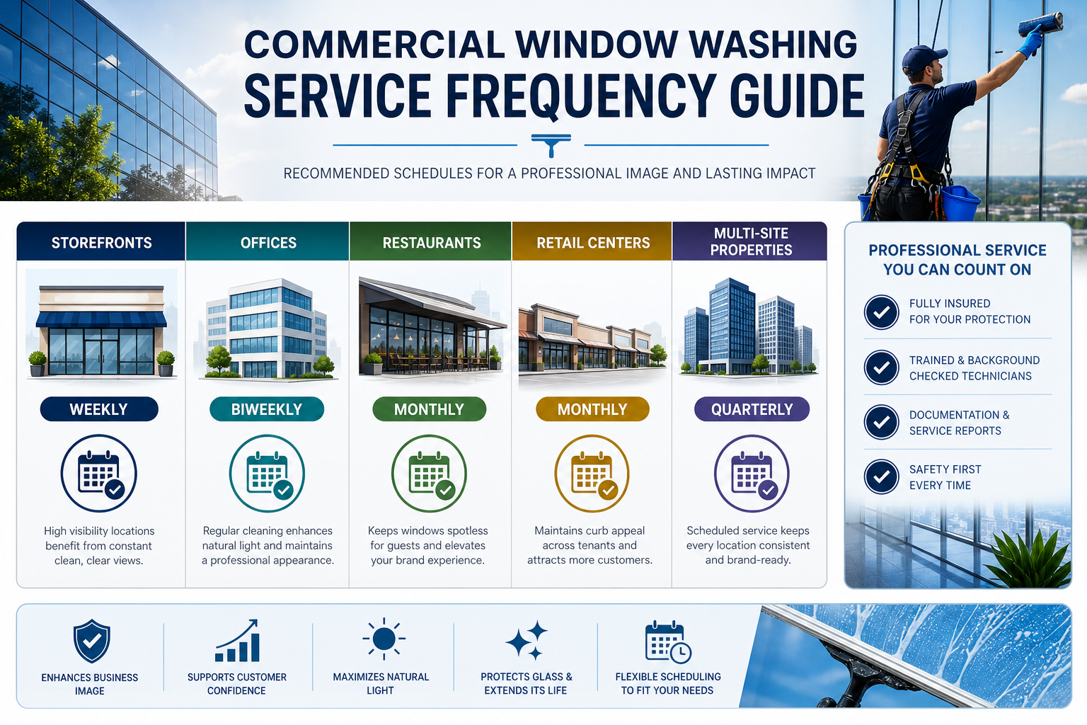 Infographic showing commercial window washing schedules for storefronts, offices, and multi-site properties.