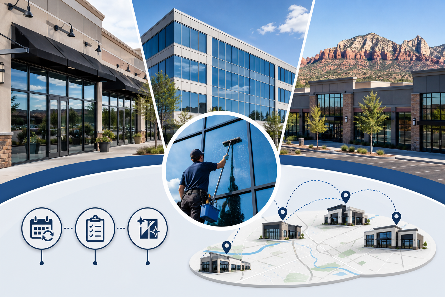 Infographic showing commercial window cleaning options for storefronts, offices, and multi-location accounts in Southern Utah.