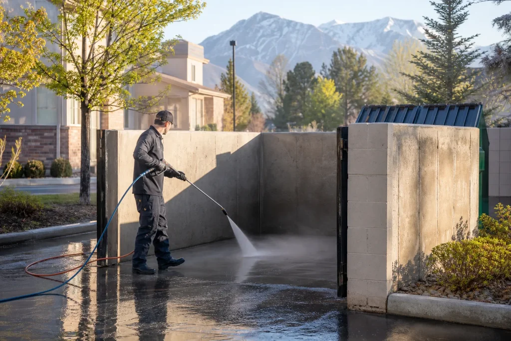 dumpster pad cleaning in Salt Lake City Utah by Rolling Suds