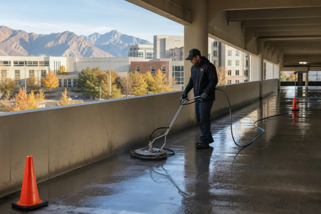 commercial parking garage cleaning in Salt Lake City Utah by Rolling Suds